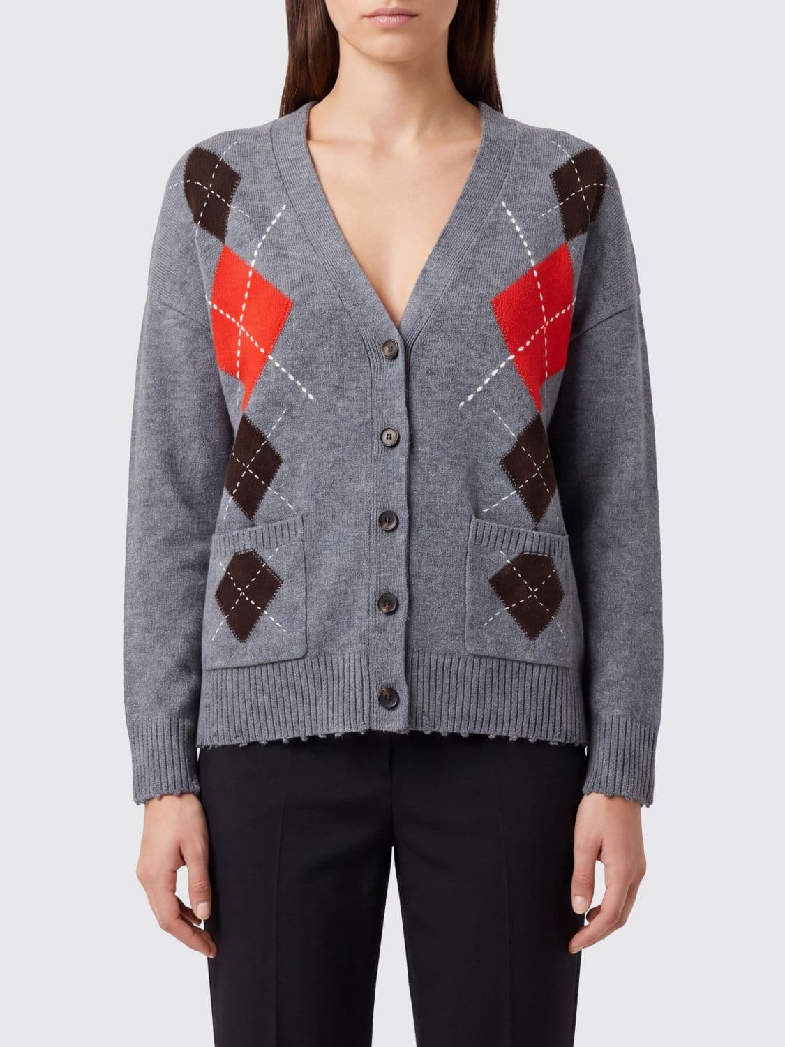 Pinko Wool and Cashmere Argyle V-Neck Cardigan