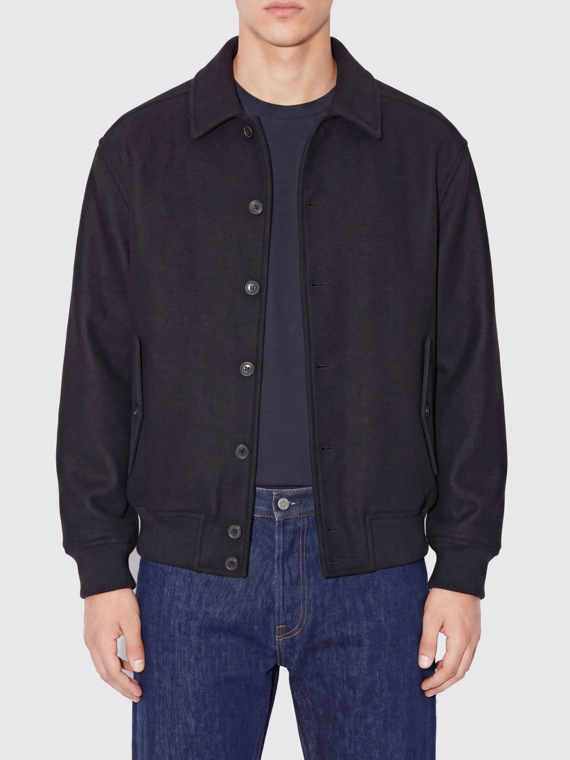 Ferragamo Black Wool Blend Bomber Jacket with Classic Collar and Flap Pockets