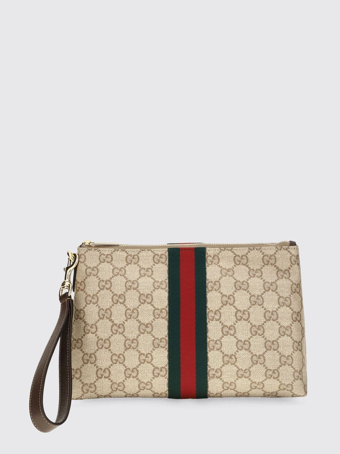 Gucci GG Monogram Jacquard Pouch with Striped Details and Wrist Strap