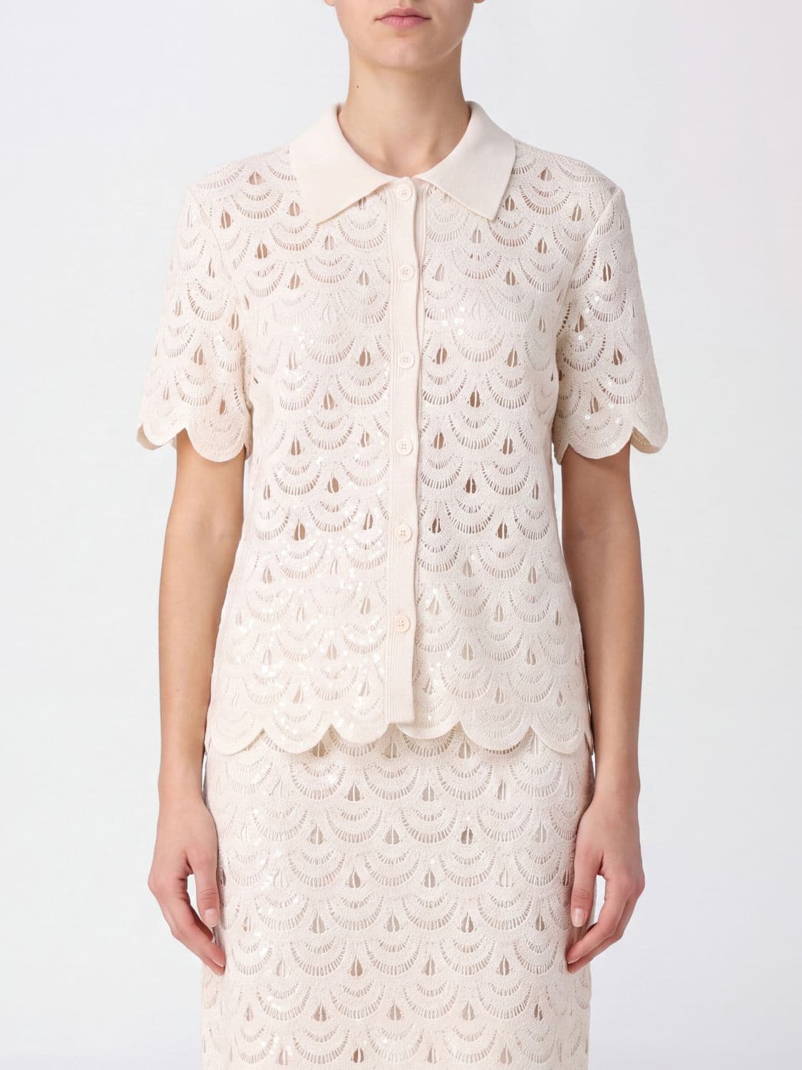 Mc2 Saint Barth Monet Cotton Crochet Knit Polo with Short Sleeves and Wavy Hem · S