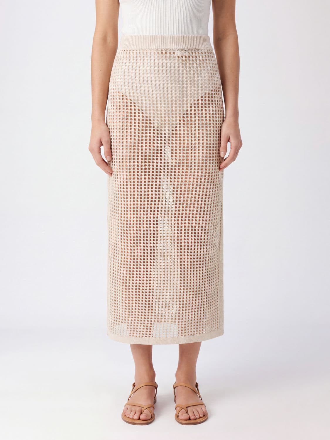 Mc2 Saint Barth High-Waisted Openwork Knit Cotton Midi Skirt