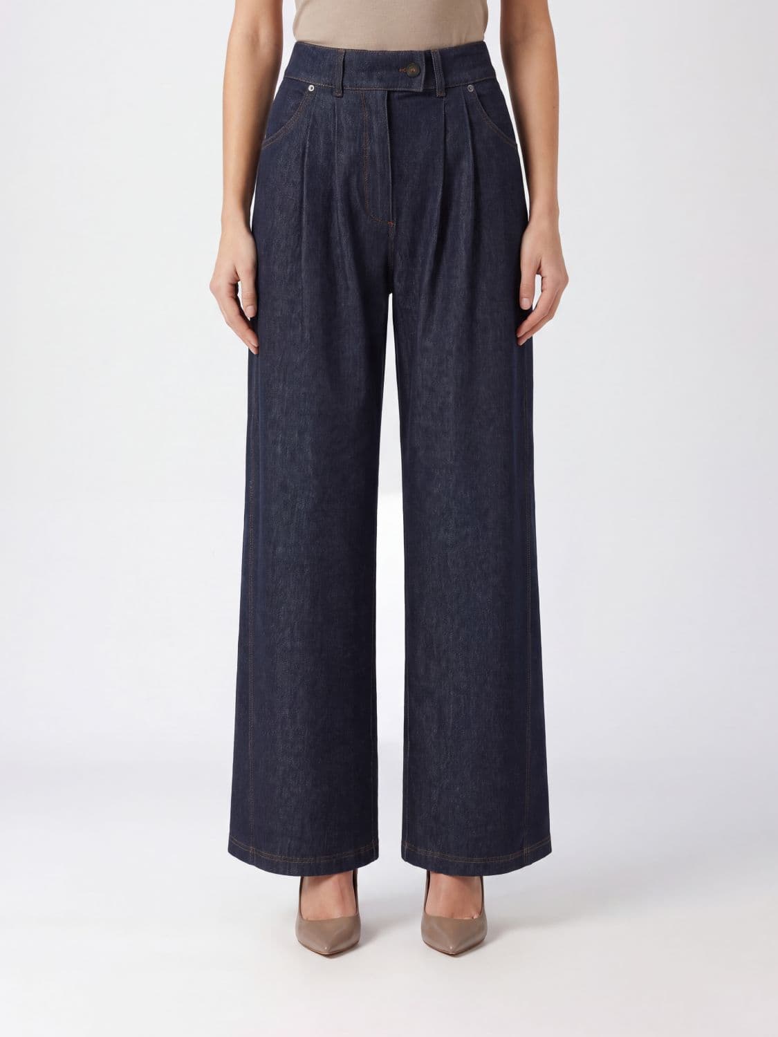 Mm Max Mara Wide Leg Denim Trousers with Pleats and Mid-Rise Waist