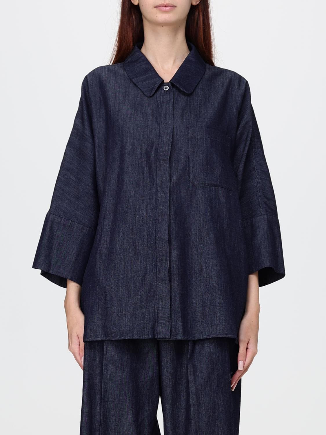 Max Mara Relaxed Fit Cotton Denim Shirt with Dropped Shoulders and Concealed Placket · 40