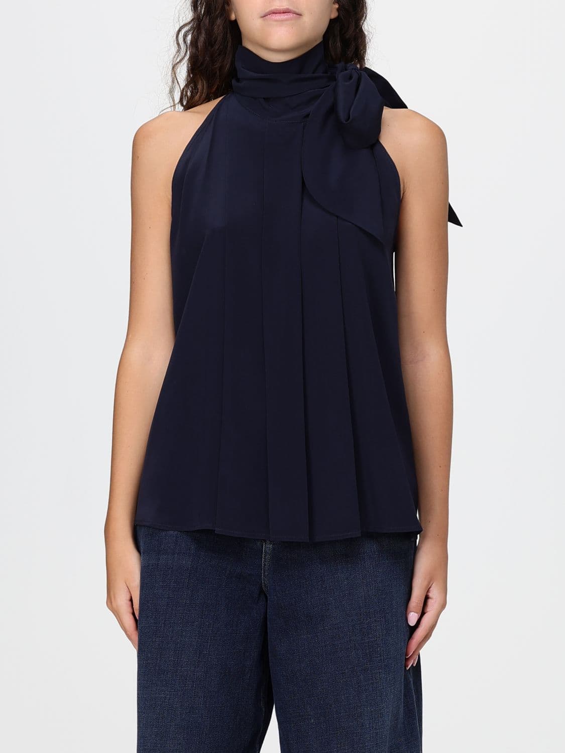 Max Mara Pleated Silk Blouse with Scarf Neck and Cold Shoulders