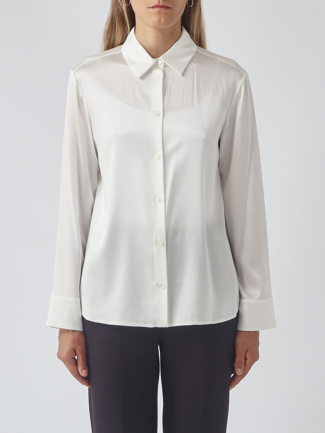 Mm Max Mara Long-Sleeved Stretch-Silk Satin Shirt with Classic Collar
