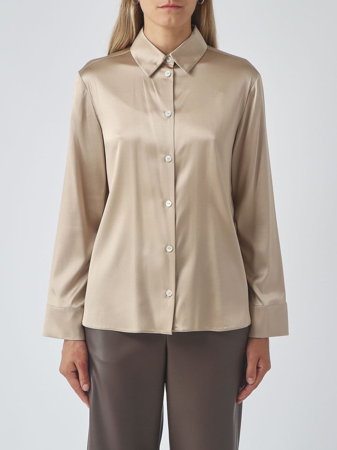 Mm Max Mara Long-Sleeved Stretch-Silk Satin Shirt with Classic Collar