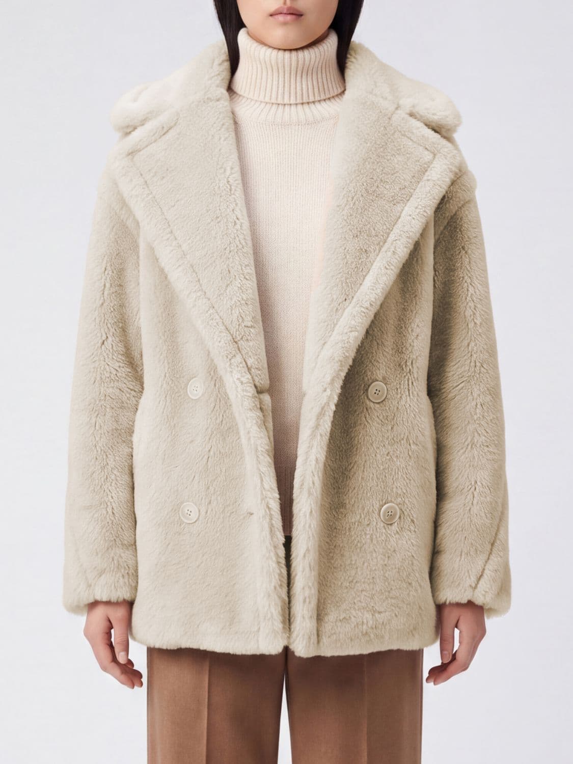 Max Mara Short Double-Breasted Faux-Fur Effect Coat in a Wool Blend