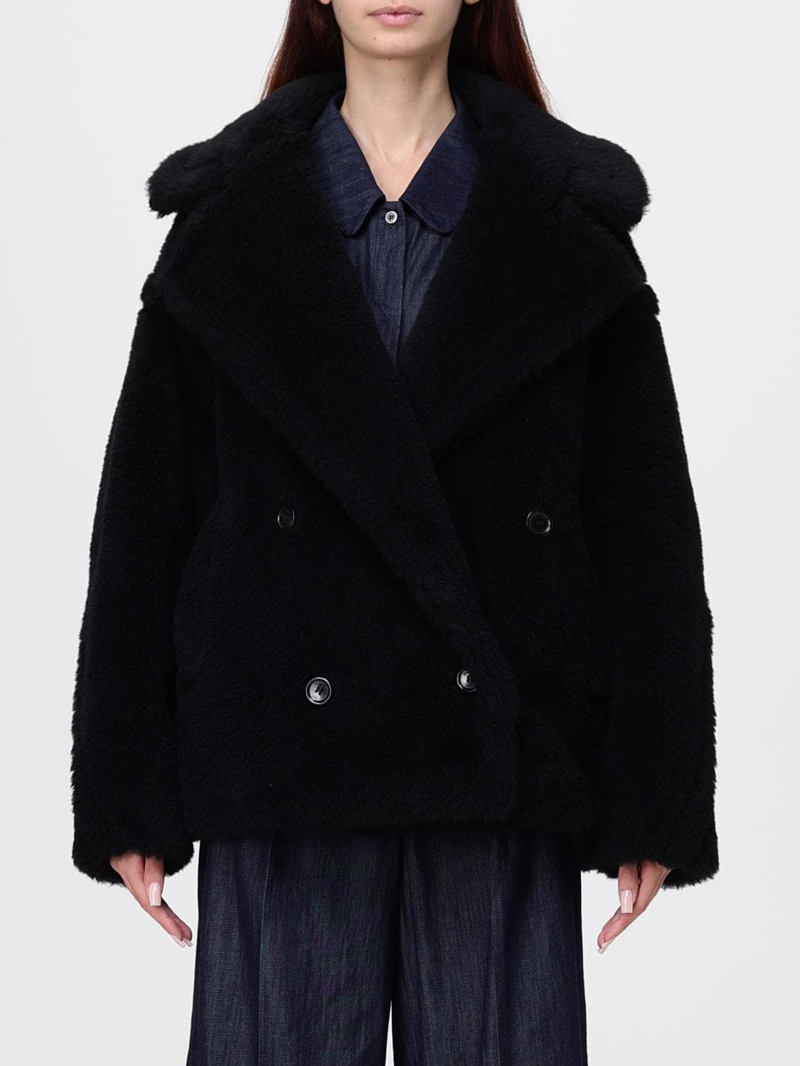 Max Mara Short Double-Breasted Faux-Fur Effect Coat in a Wool Blend