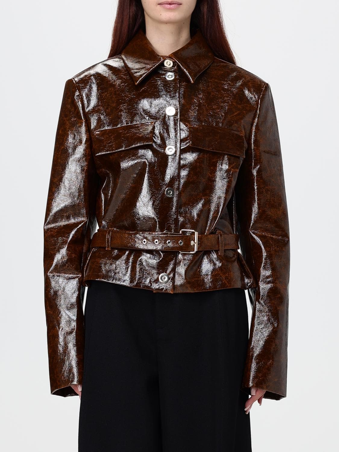Sportmax Short Coated Cotton Patent-Effect Jacket with Belt