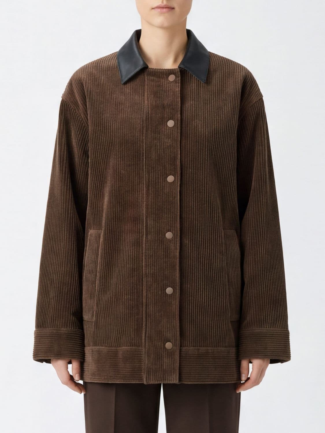 Mm Max Mara Corduroy Shirt Jacket with Leather Collar