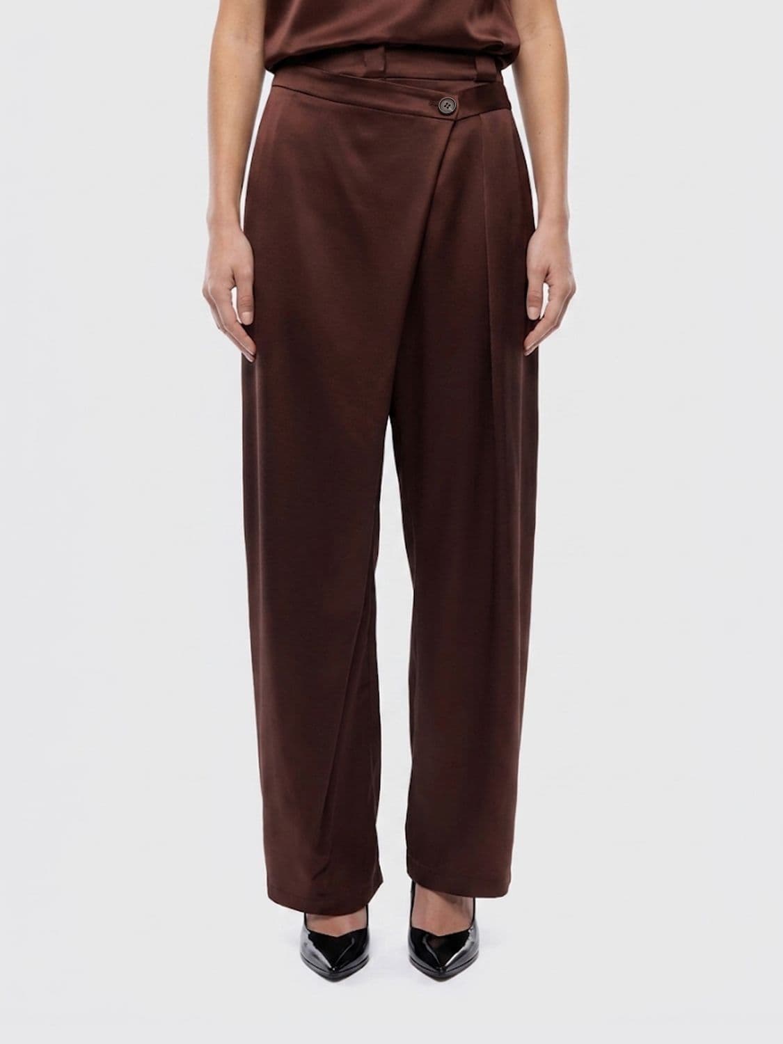 Pinko Wide Leg Satin Wrap Trousers with Mid-Rise Waist