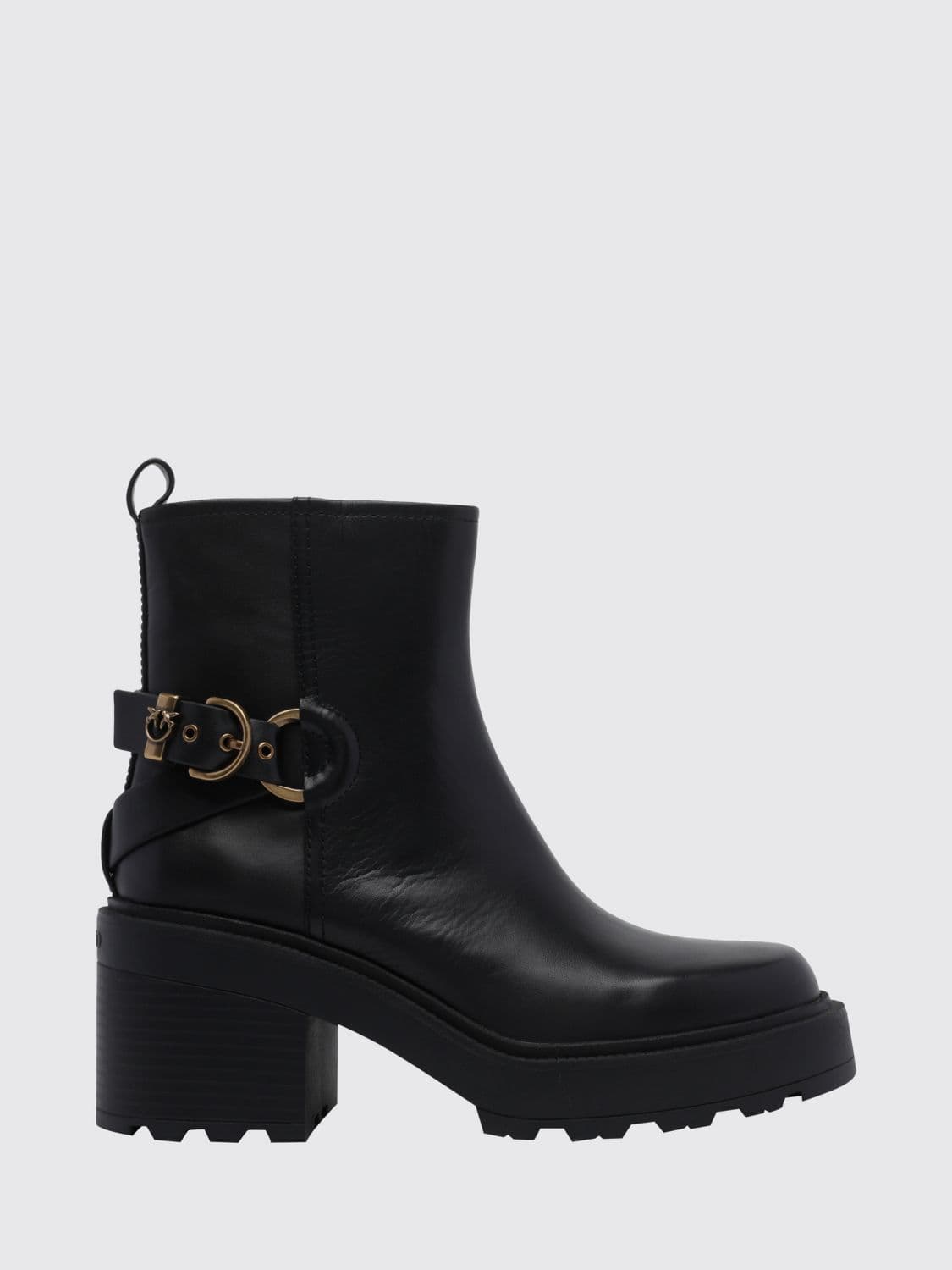 Pinko Altea Leather Biker Ankle Boots with Lug Sole and Love Birds Logo