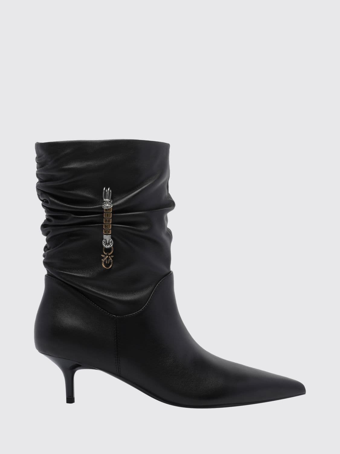 Pinko Gloria Ruched Leather Ankle Boots with Stiletto Heel and Love Birds Logo