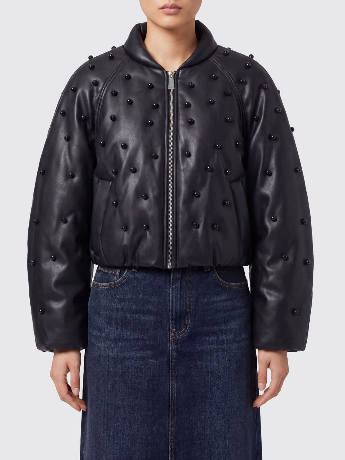 Pinko Beaded Faux Leather Bomber Jacket with Shawl Collar