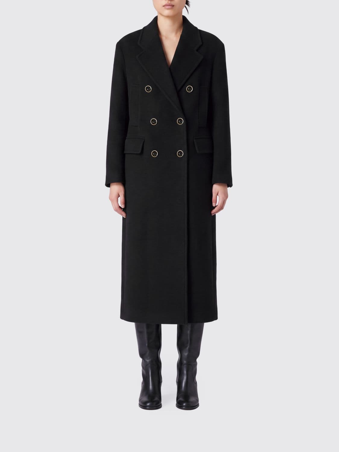 Pinko Double-Breasted Long Coat in Wool Blend with Classic Lapels