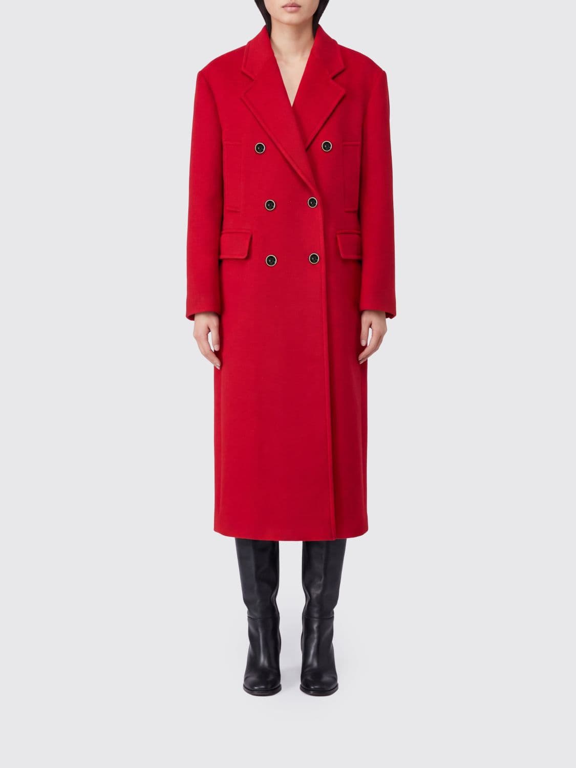 Pinko Double-Breasted Long Coat in Wool Blend with Classic Lapels