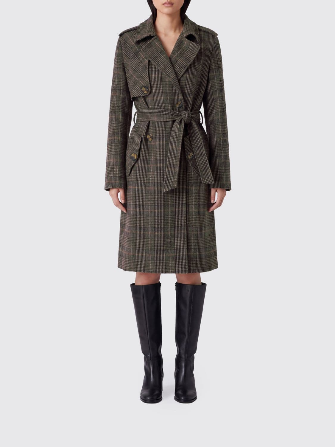Liu Jo Tartan Print Double-Breasted Wool Blend Coat with Belt