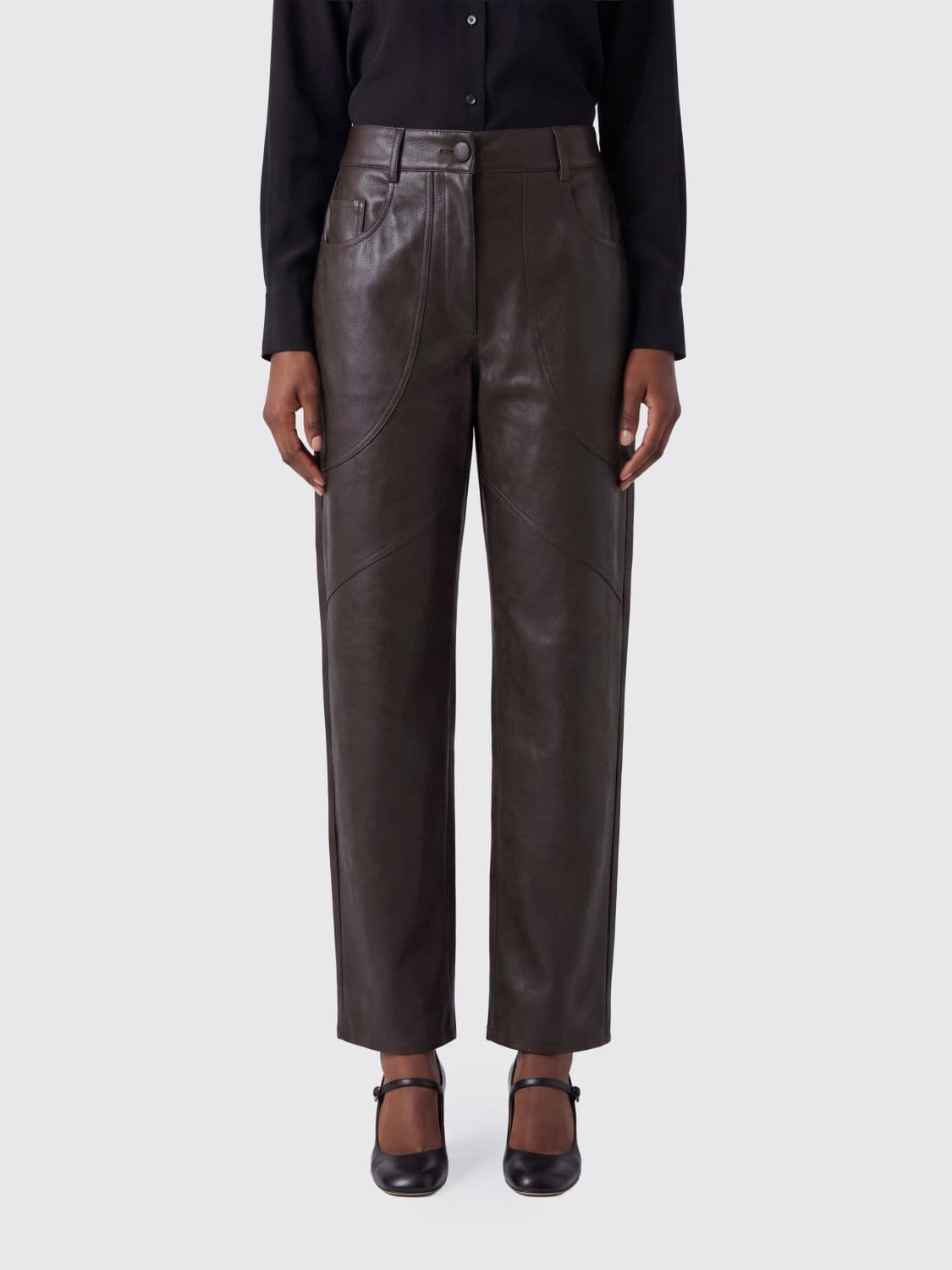 Liu Jo Tapered Fit Smooth Faux Leather Trousers with Mid-Rise Waist