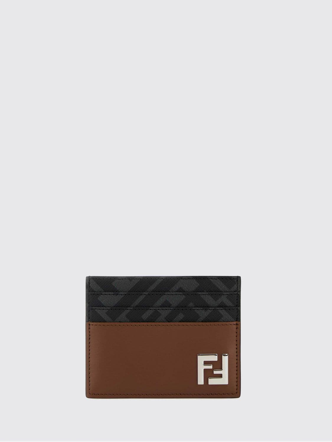 Fendi Flat Card Holder in Leather and Fabric with FF Monogram Pattern · OS