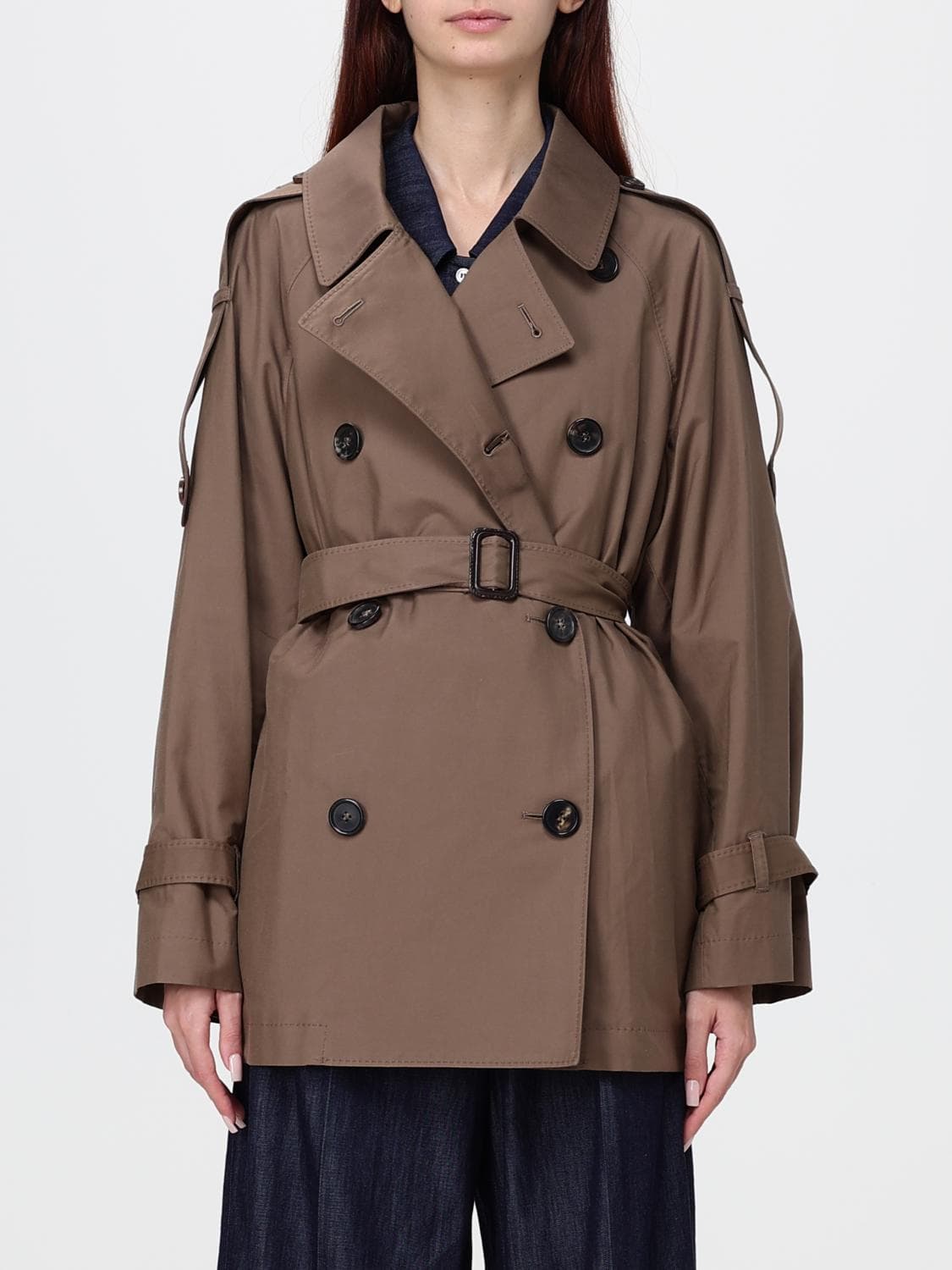 Max Mara The Cube Short Double-Breasted Cotton Trench Coat with Belt and Epaulettes