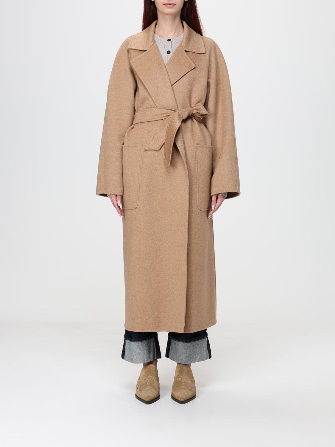 Max Mara Long Camel Wool Robe Coat with Belt