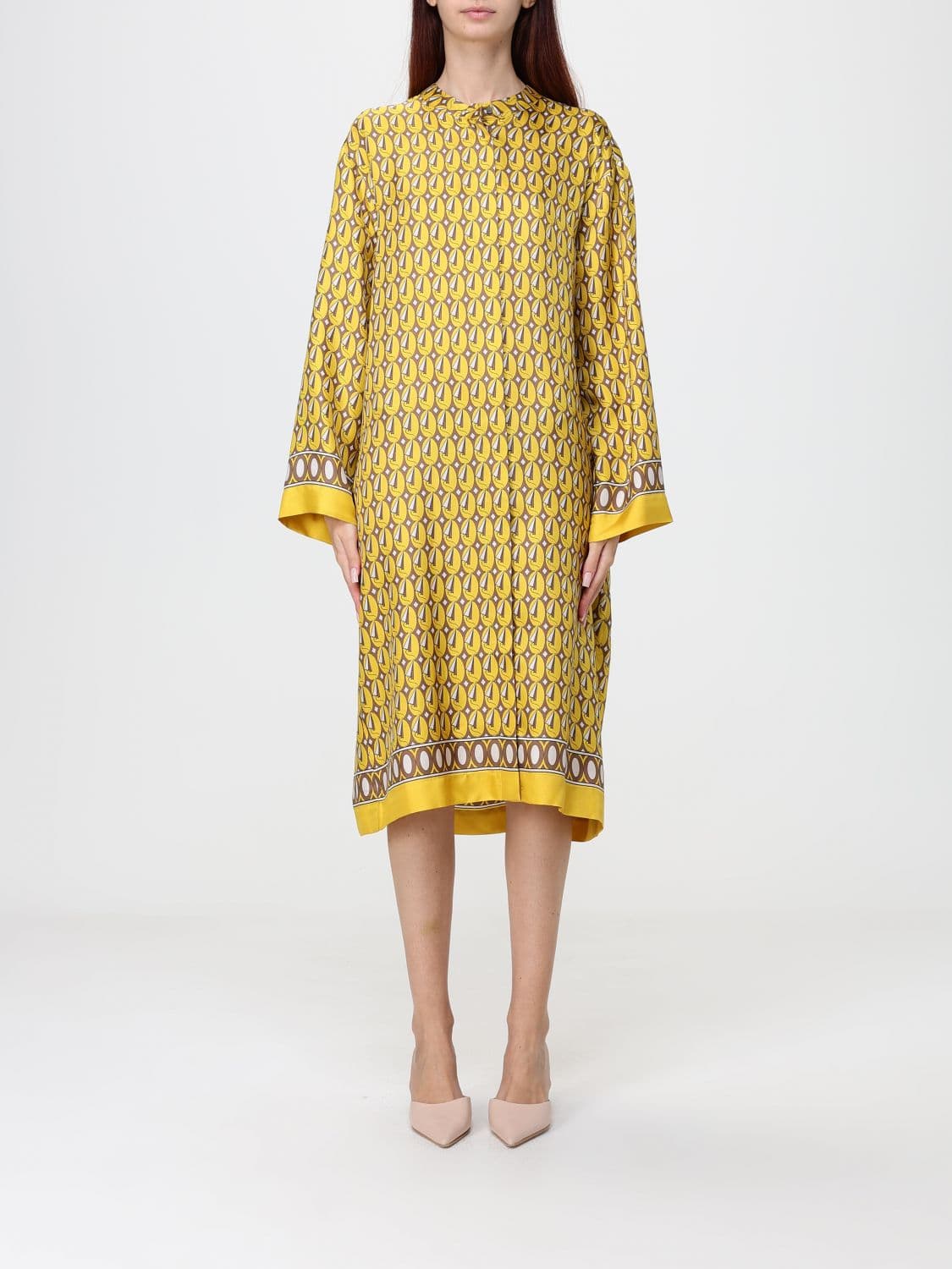 's Max Mara Graphic Print Silk Chemisier Midi Dress with Mandarin Collar