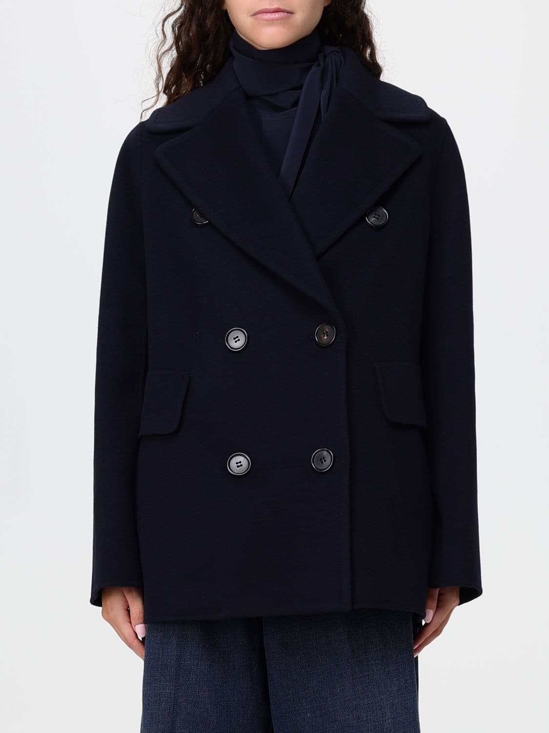 's Max Mara Short Double-Breasted Coat in Pure Virgin Wool with Flap Pockets
