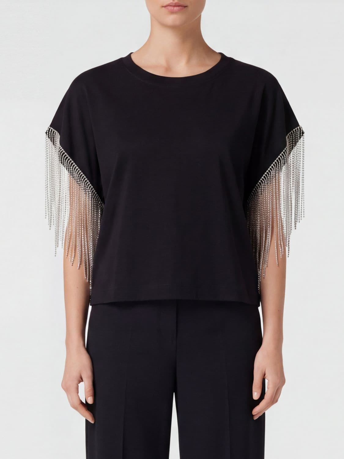 Sportmax Short-Sleeved Cotton Evening Top with Jewel Fringes and Crew Neck