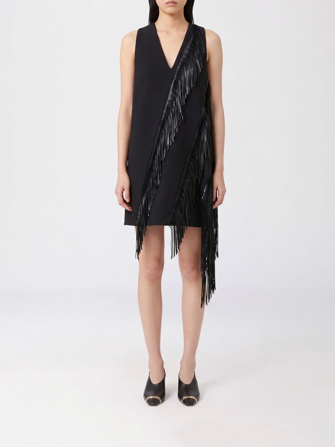 Sportmax Asymmetrical V-Neck Fringed Mini Dress in Cotton