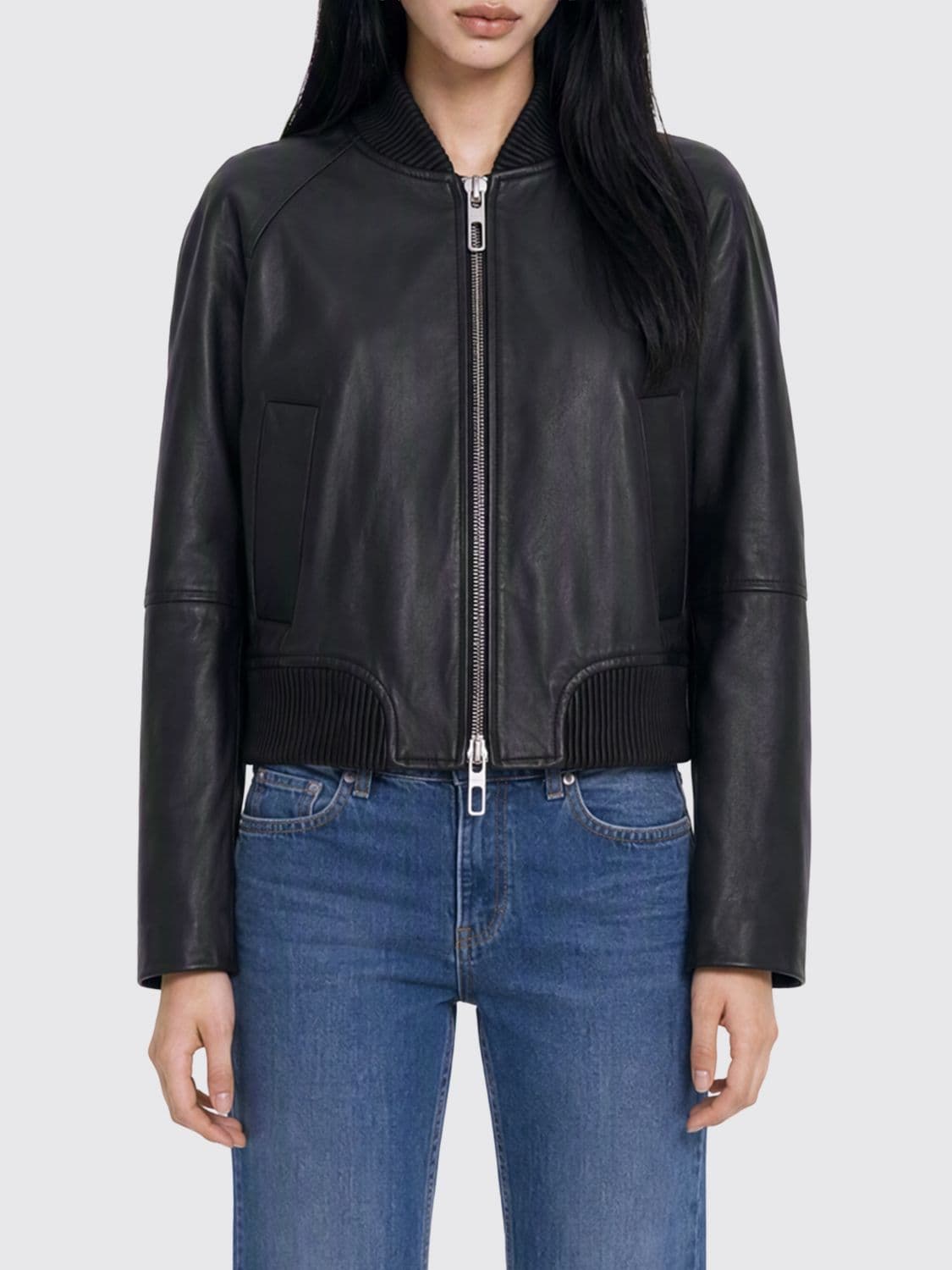 Sportmax Amour Cropped Lambskin Bomber Jacket with Zip Closure