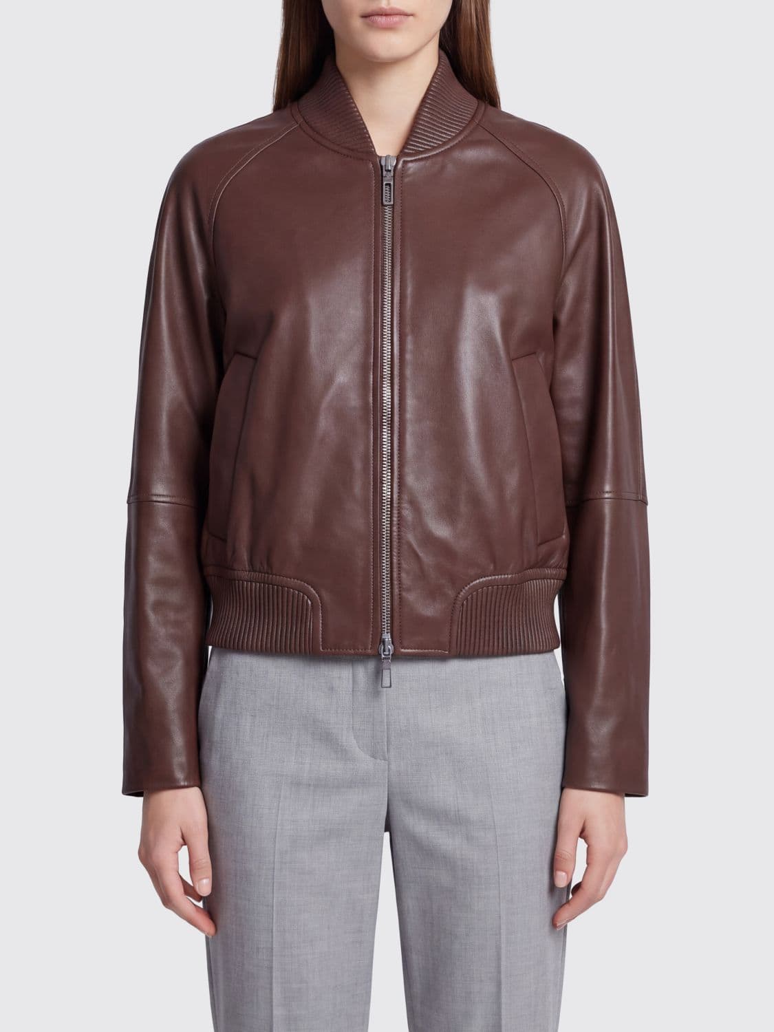 Sportmax Amour Cropped Lambskin Bomber Jacket with Zip Closure
