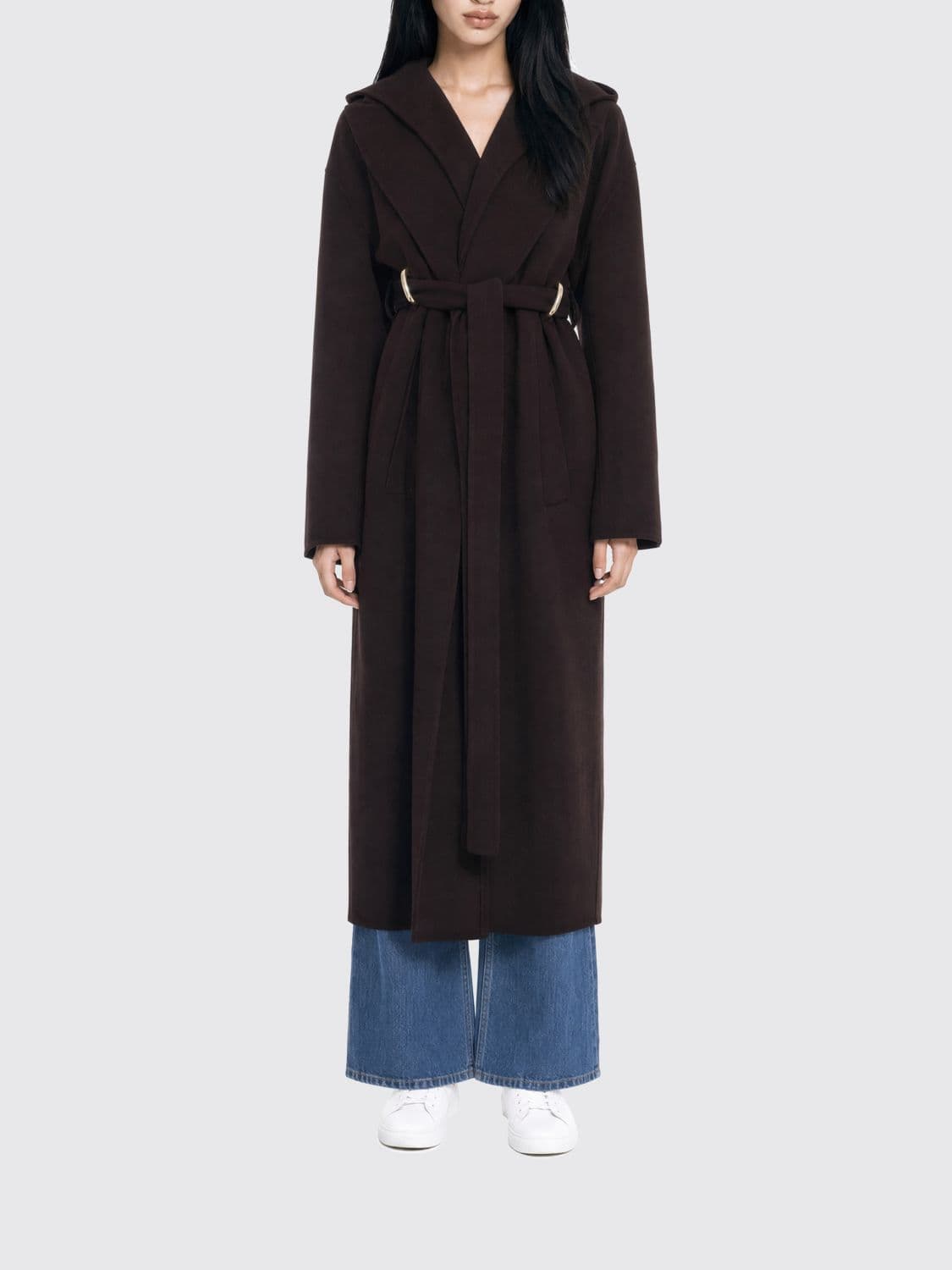 Sportmax Hooded Long Robe Coat in Pure Virgin Wool with Tie Belt