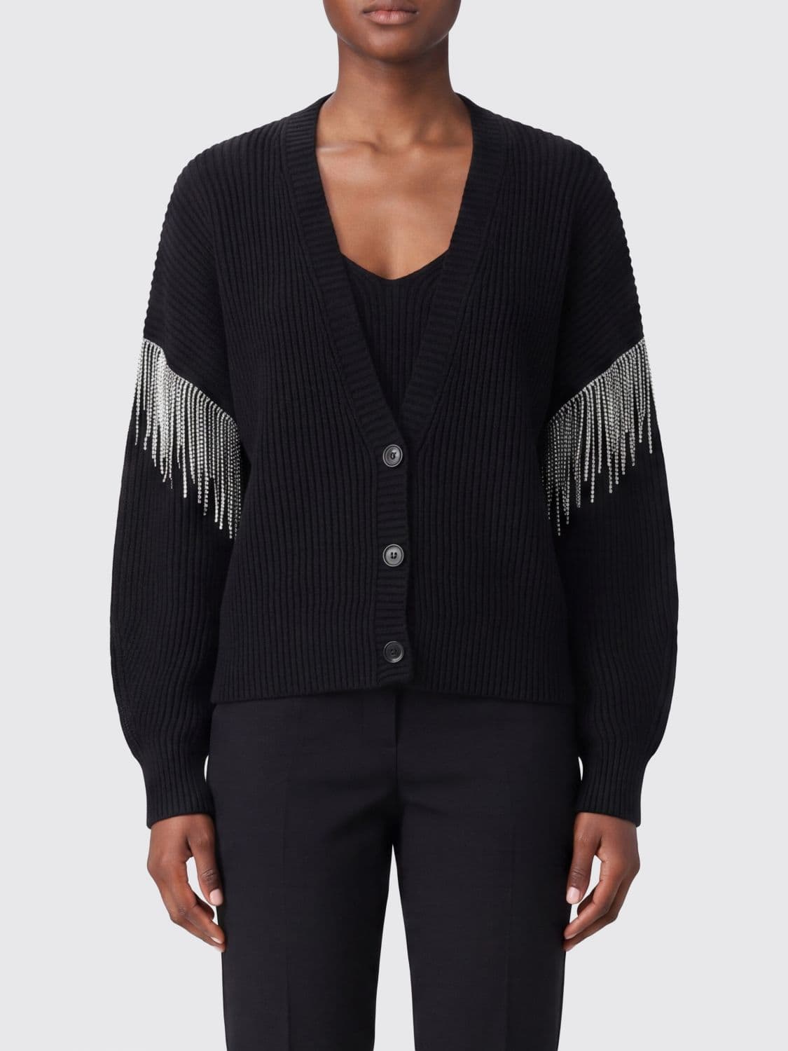 Sportmax V-Neck Cardigan in Pure Virgin Wool with Jewelled Fringes