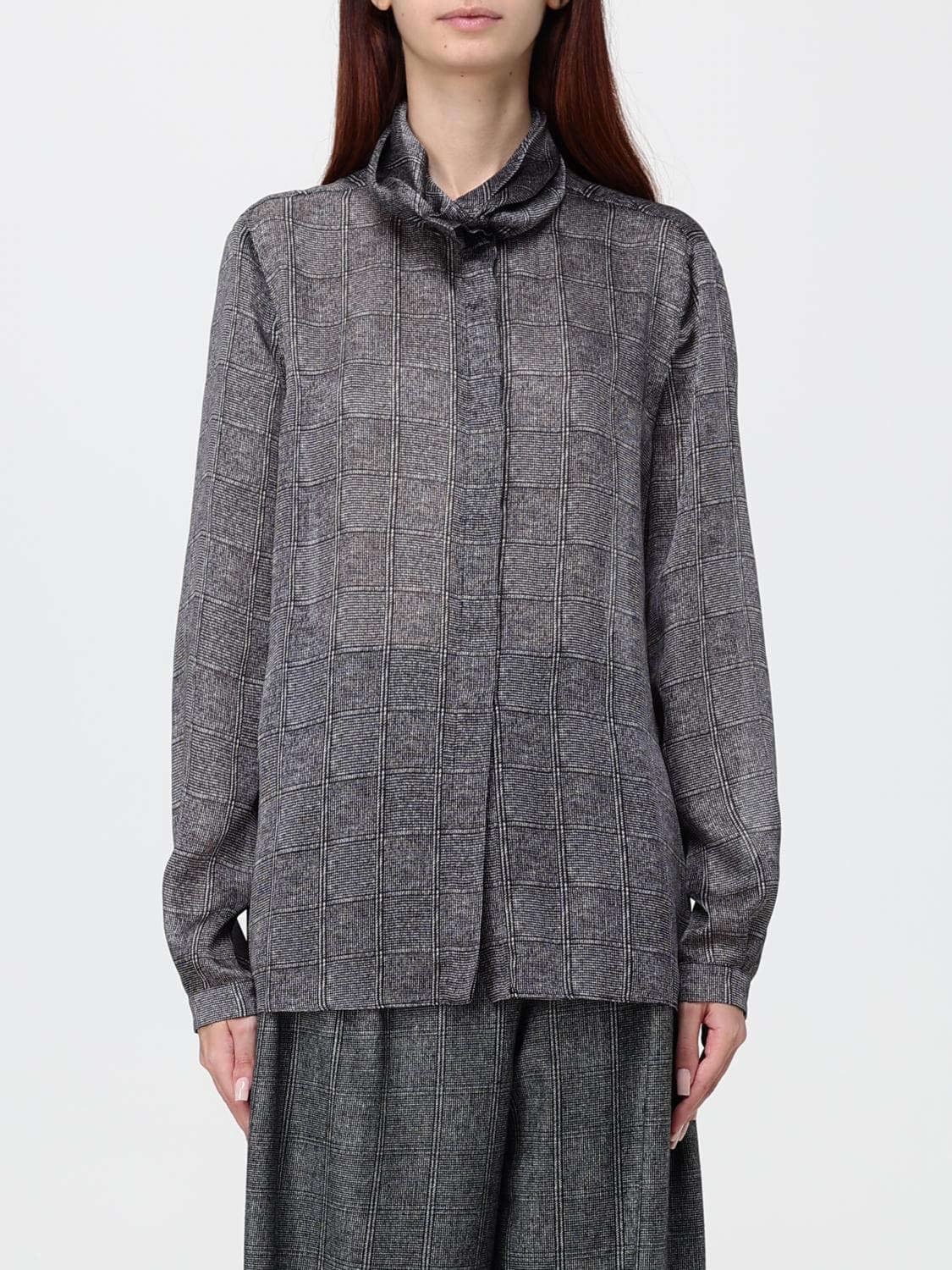 Emporio Armani Check Crêpe Shirt with Round Collar and Concealed Fastening