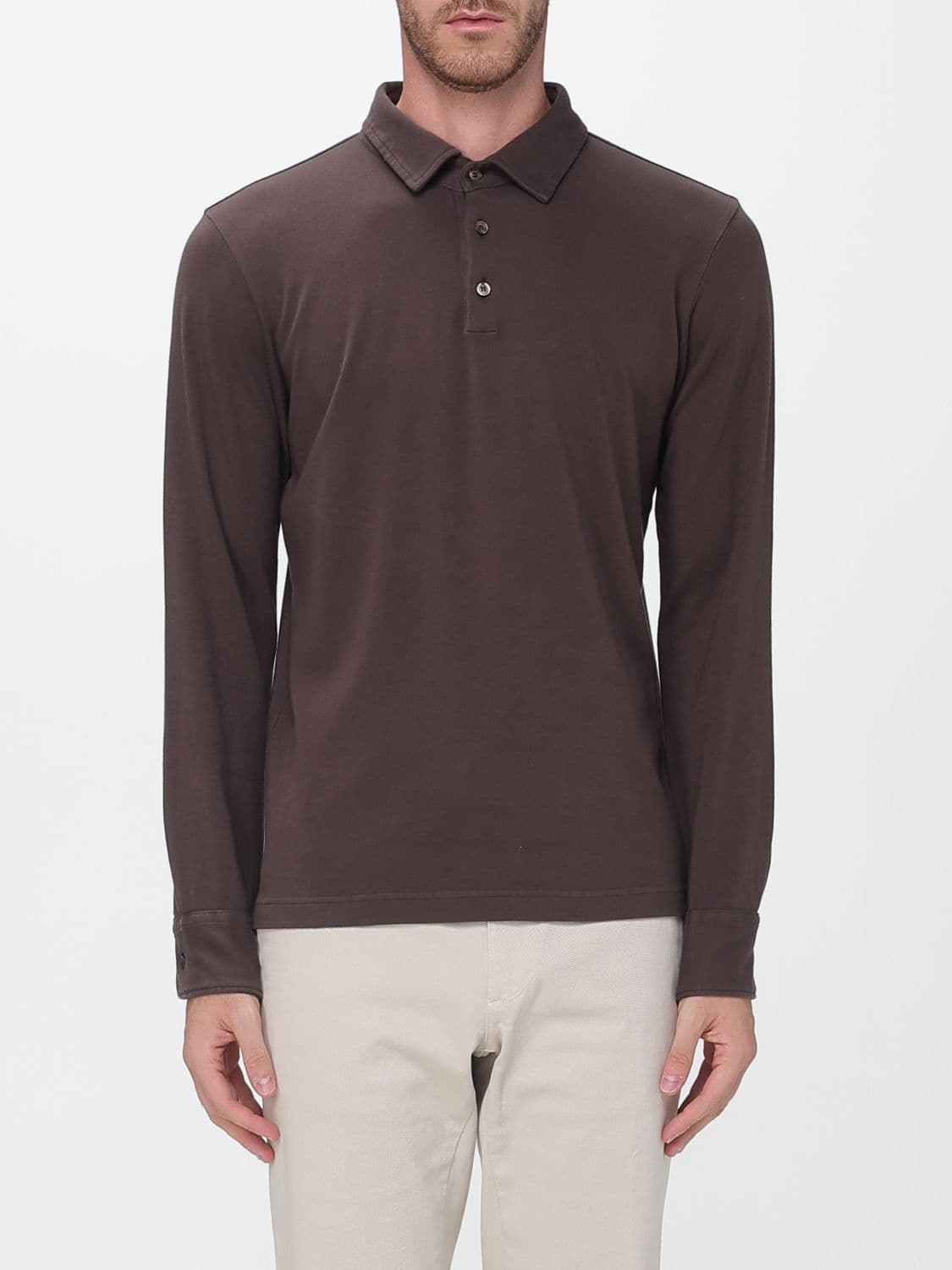 Zanone Long-Sleeve Cotton Polo Shirt with Ribbed Collar and Three Buttons