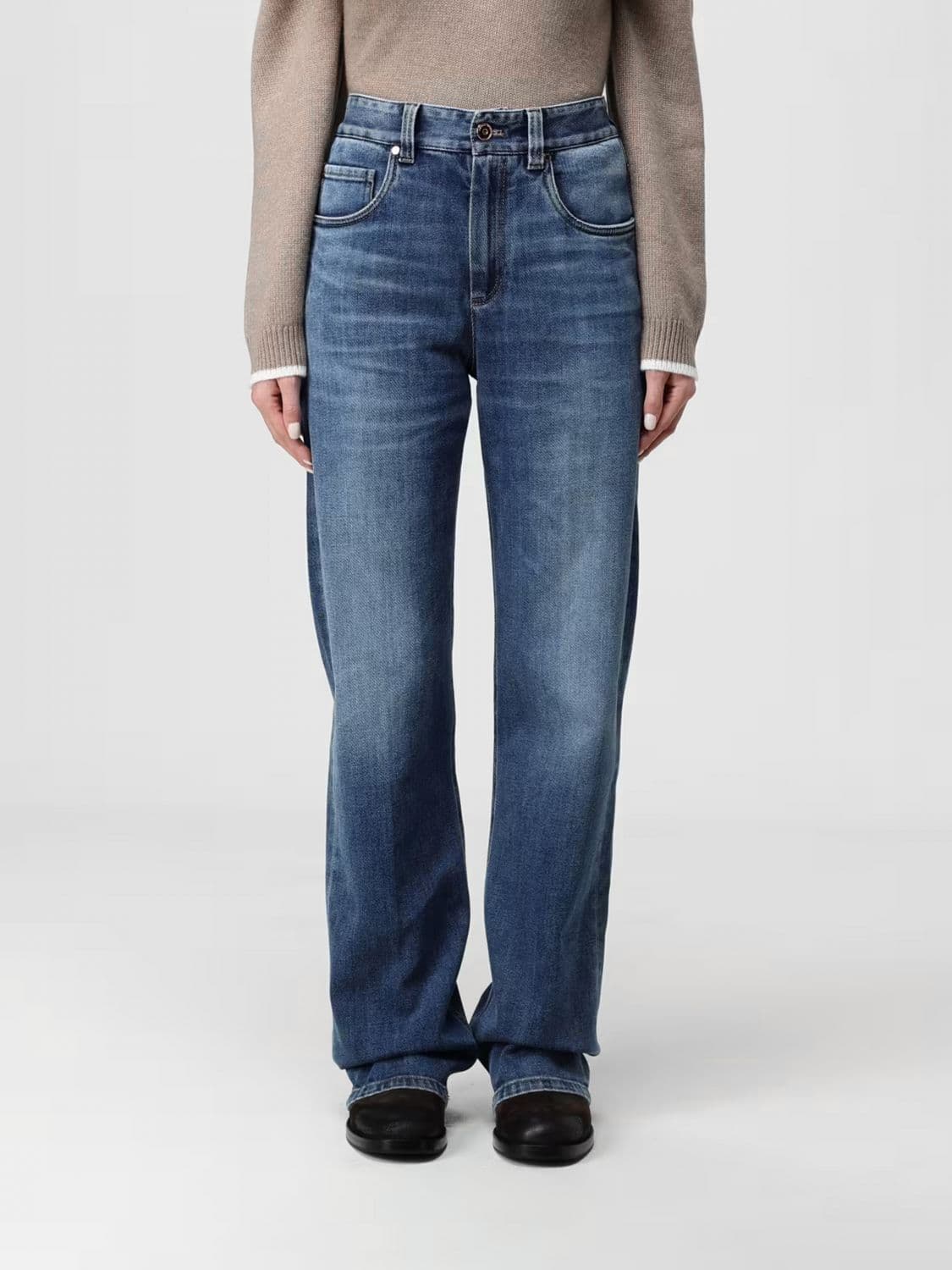 Brunello Cucinelli High-Waisted Straight-Leg Jeans in Denim with Monili Detail