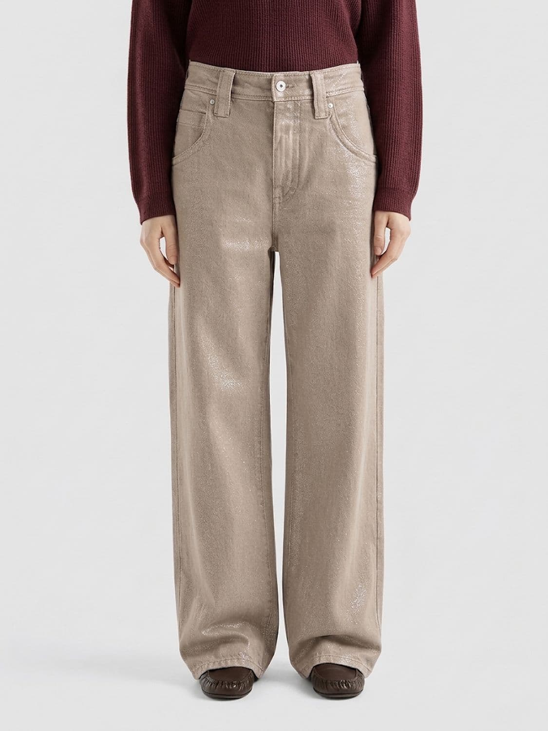 Brunello Cucinelli High-Rise Wide-Leg Jeans in Lurex Denim with Monili