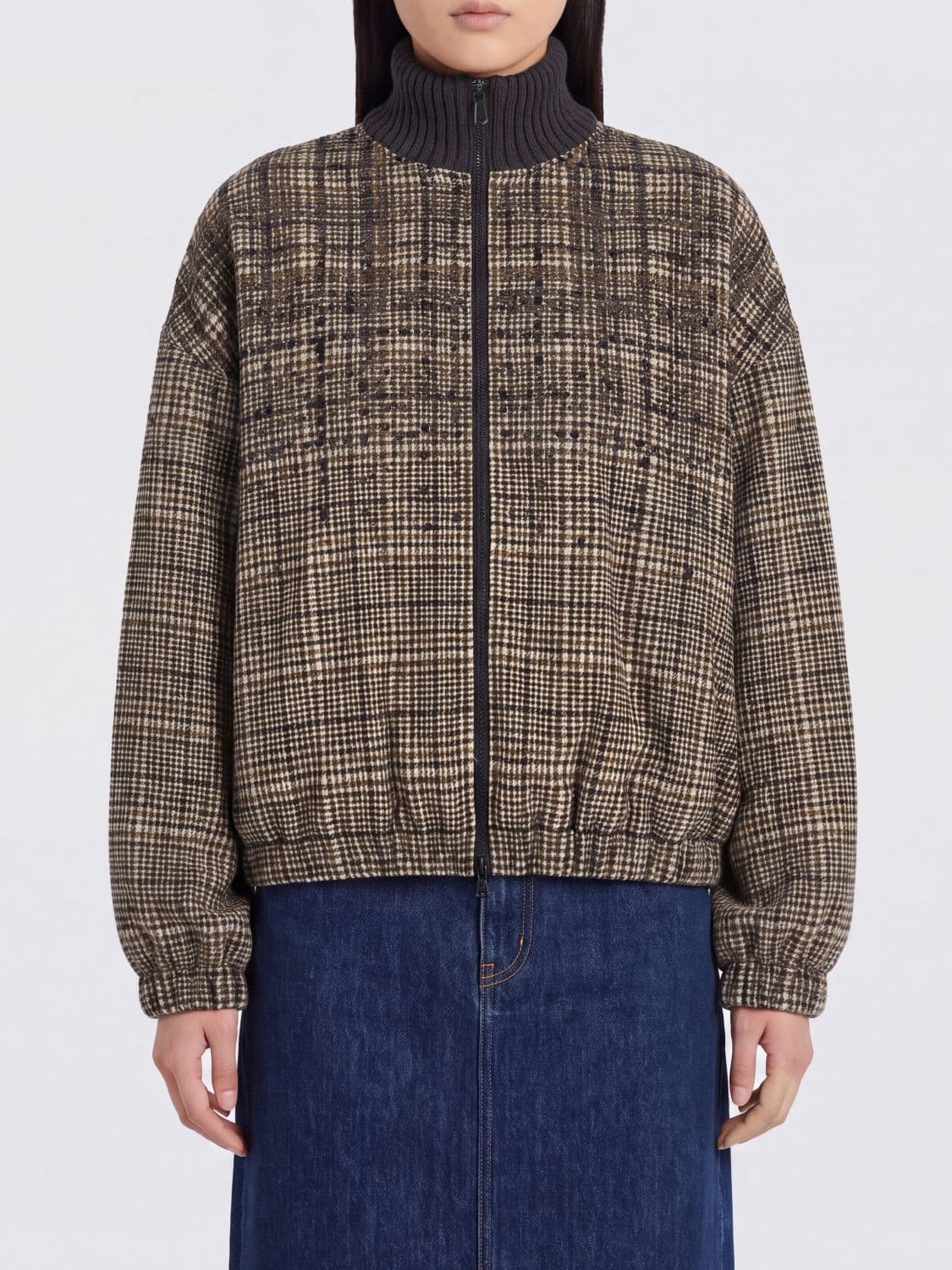Brunello Cucinelli Relaxed Fit Prince of Wales Wool Bomber Jacket with Sequins