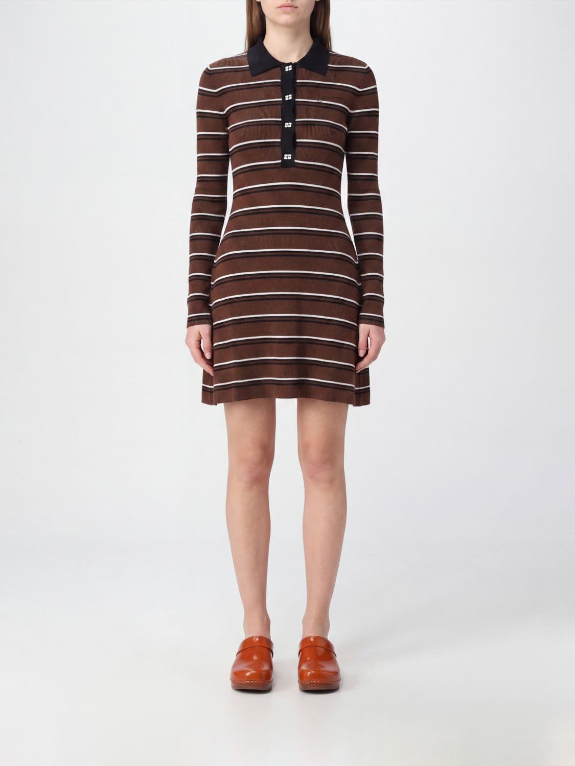 Ganni Striped Wool Long-Sleeve Mini Polo Dress