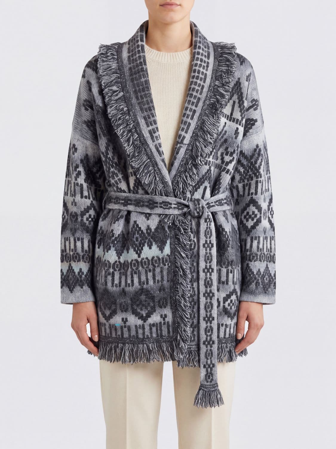 Alanui Jacquard Virgin Wool Robe Cardigan with Shawl Collar and Fringes