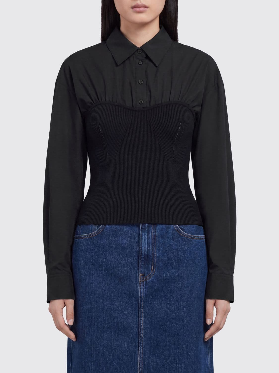 Pinko Slim Fit Viscose Corset Top with Long Sleeves and Classic Collar