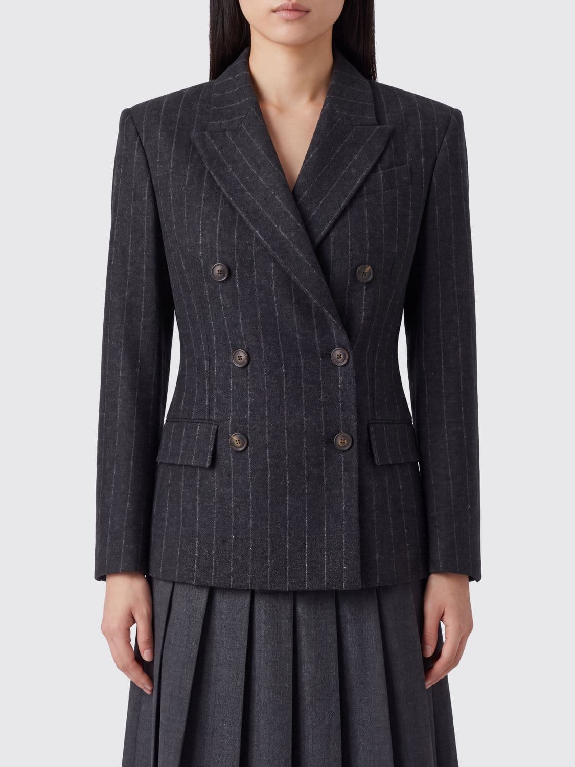 Brunello Cucinelli Pinstripe Short Double-Breasted Wool Blazer with Peak Lapels