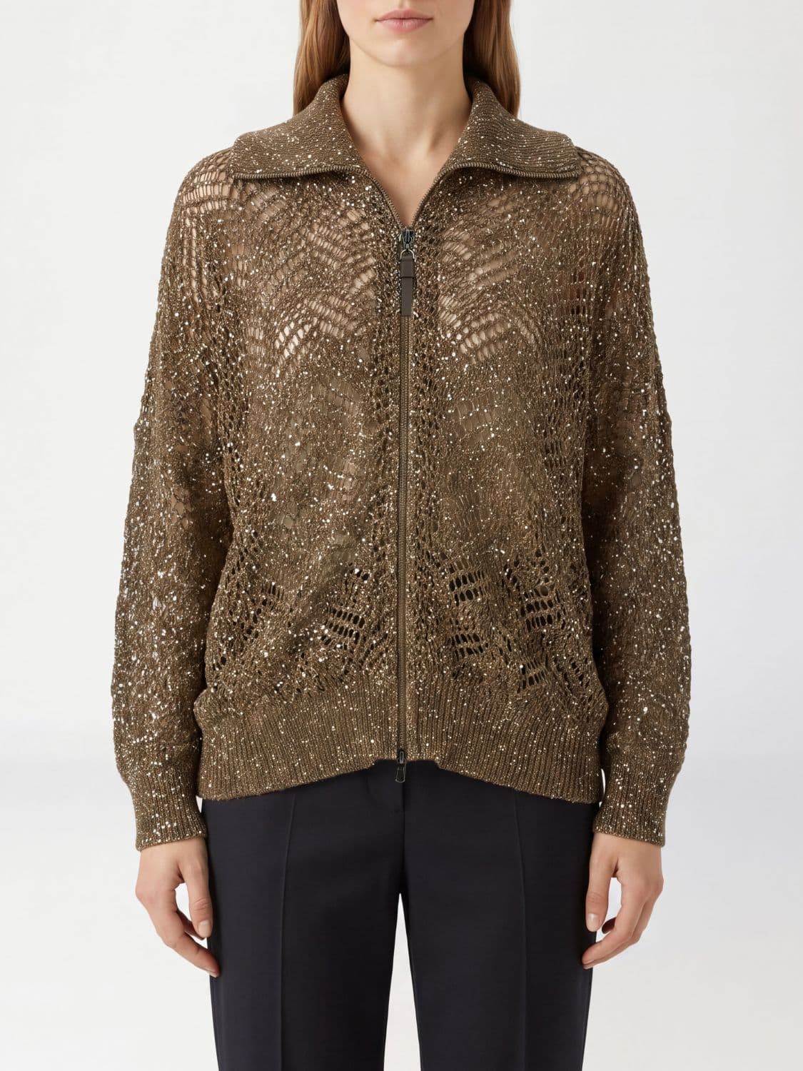 Brunello Cucinelli Mohair-Blend Zip-Up Cardigan with Sequins