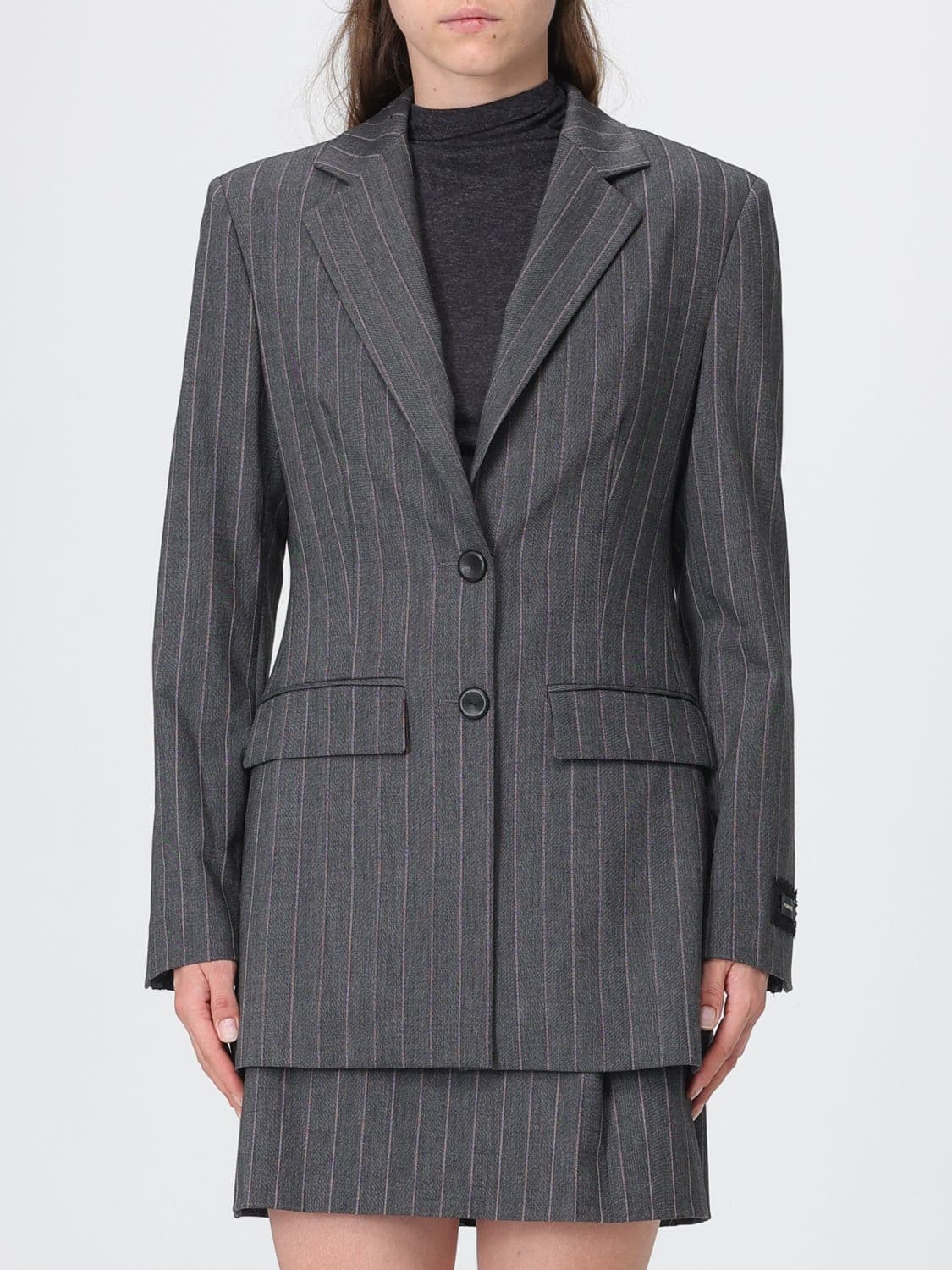 Pinko Single-Breasted Pinstriped Slim Fit Blazer in Wool Blend with Lace Cuffs