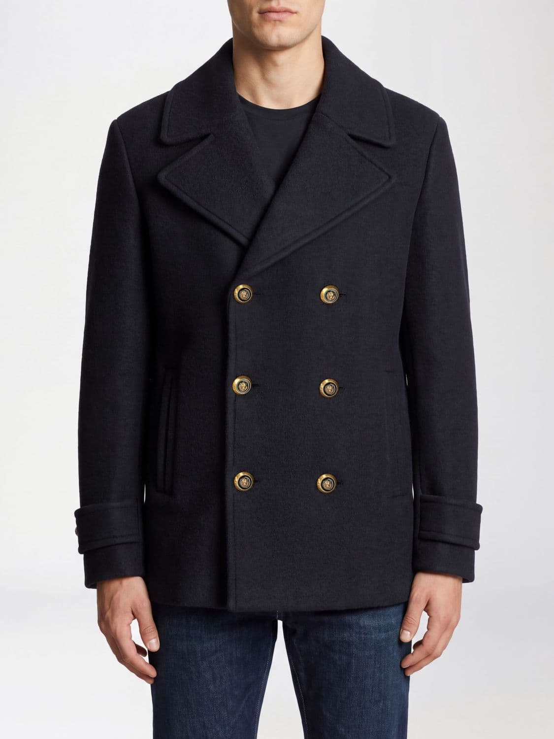 Balmain Double-Breasted Virgin Wool Blend Caban Coat with Classic Lapels