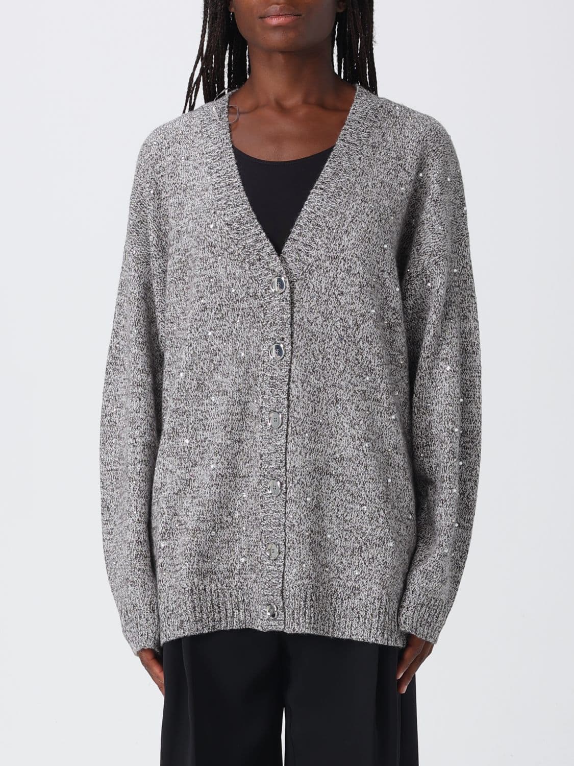 Pinko V-Neck Wool Blend Cardigan with Rhinestone Embellishments