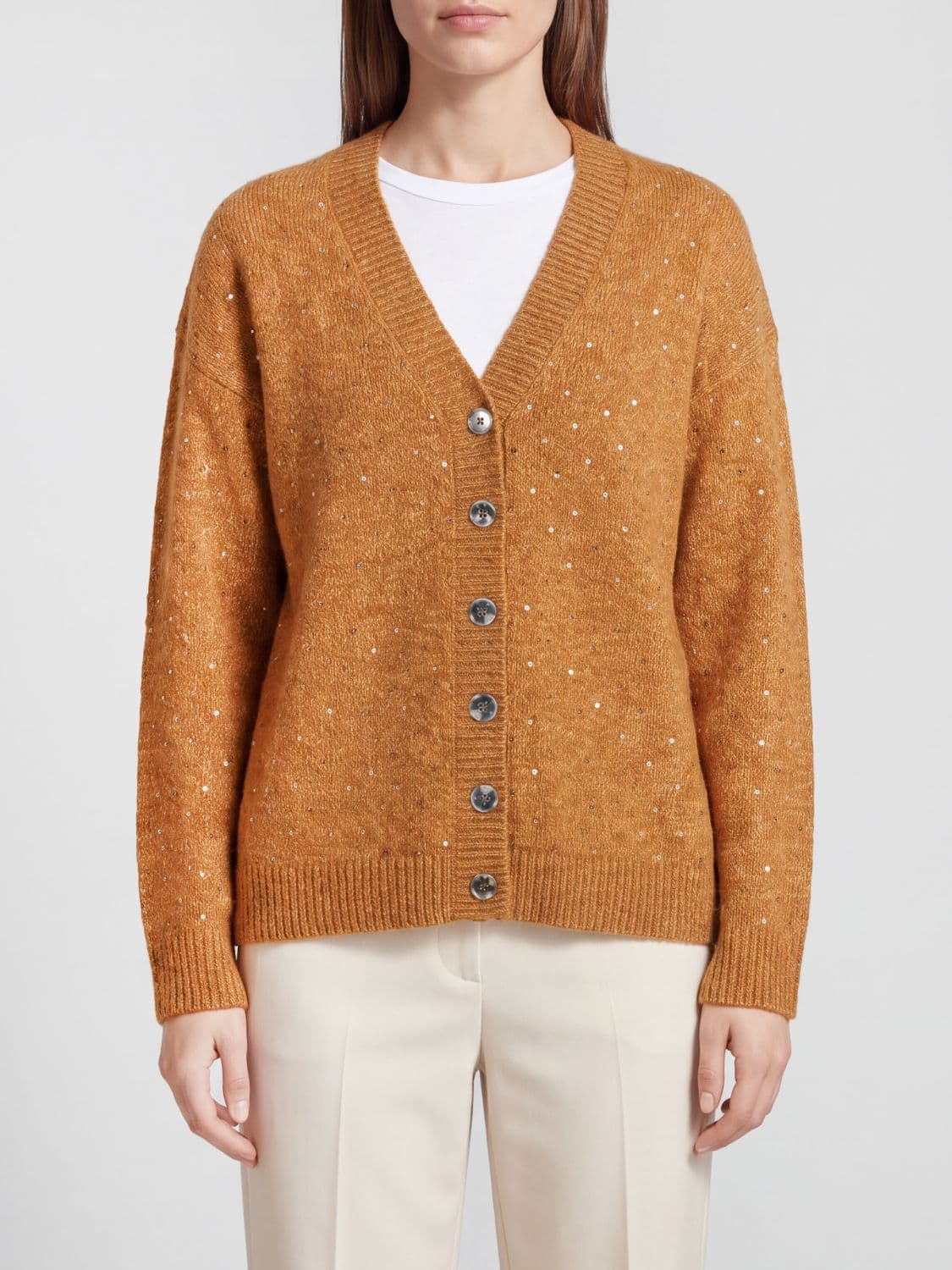 Pinko V-Neck Wool Blend Cardigan with Rhinestone Embellishments