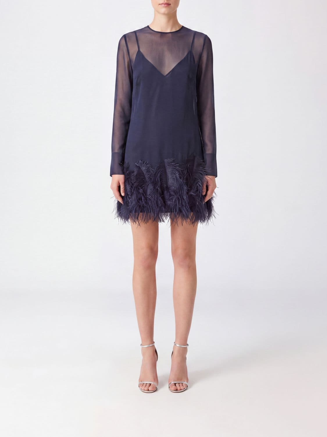 Semicouture Long-Sleeved Chiffon Mini Sheath Dress with Feathers