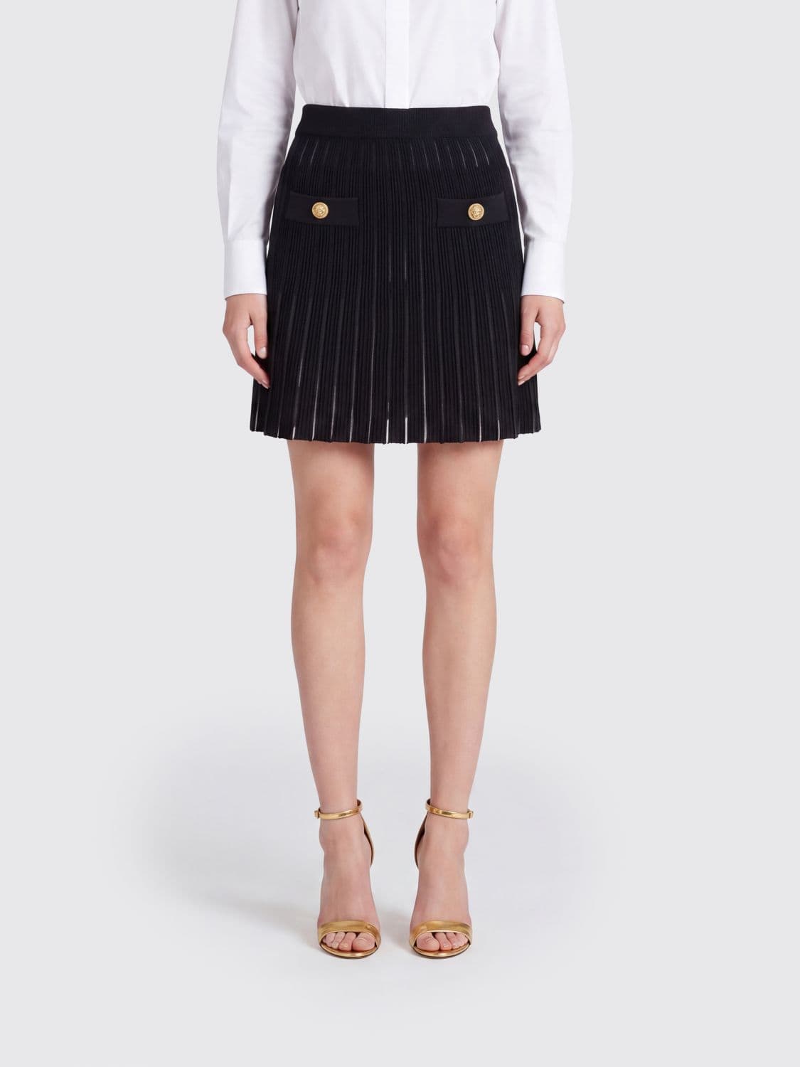 Balmain High-Waisted A-Line Knit Miniskirt with Jewel Buttons