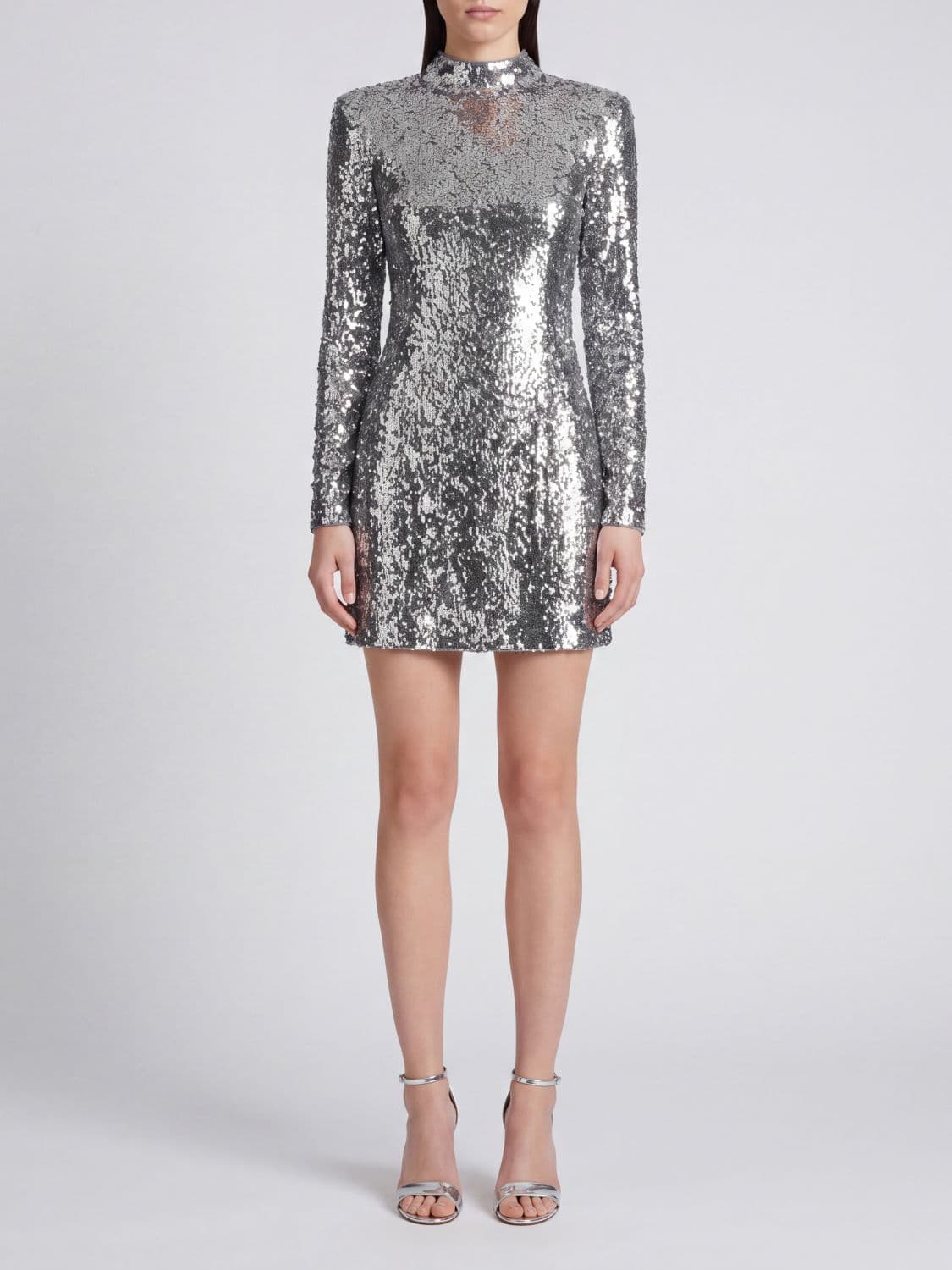 Balmain Sequin-Embroidered Sheath Mini Evening Dress with High Neck